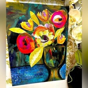 Collage Painting Original Art Mixed Media Acrylic on Canvas 12x16 Floral signed
